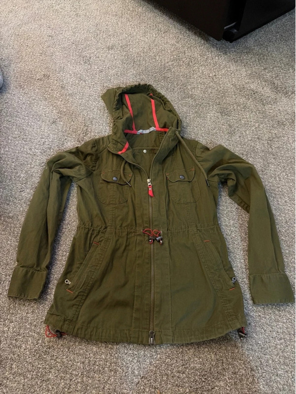 This is the Athleta Anytime Anorak Utility Jacket in an olive/army green color